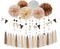 28 Pcs Boho Baby Shower Decorations - Neutral White, Brown & Champagne Party Set with Tissue Pom Poms, Tassel Garland, Triangle Flags & Circle Dots for Birthday, Wedding, or Fall Decor